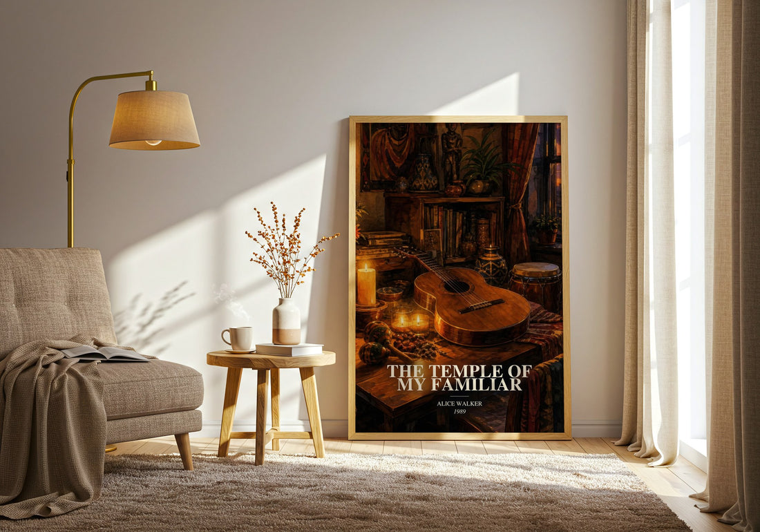 The Temple of My Familiar watercolour print in frame leaning in hallway – literary fiction wall art