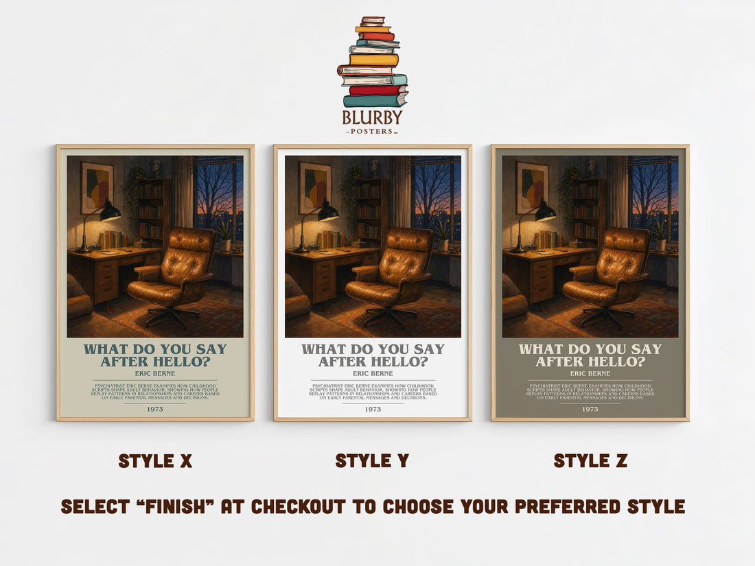 What Do You Say After Hello? bookish print in frame leaning in hallway – non fiction wall art (mockup)