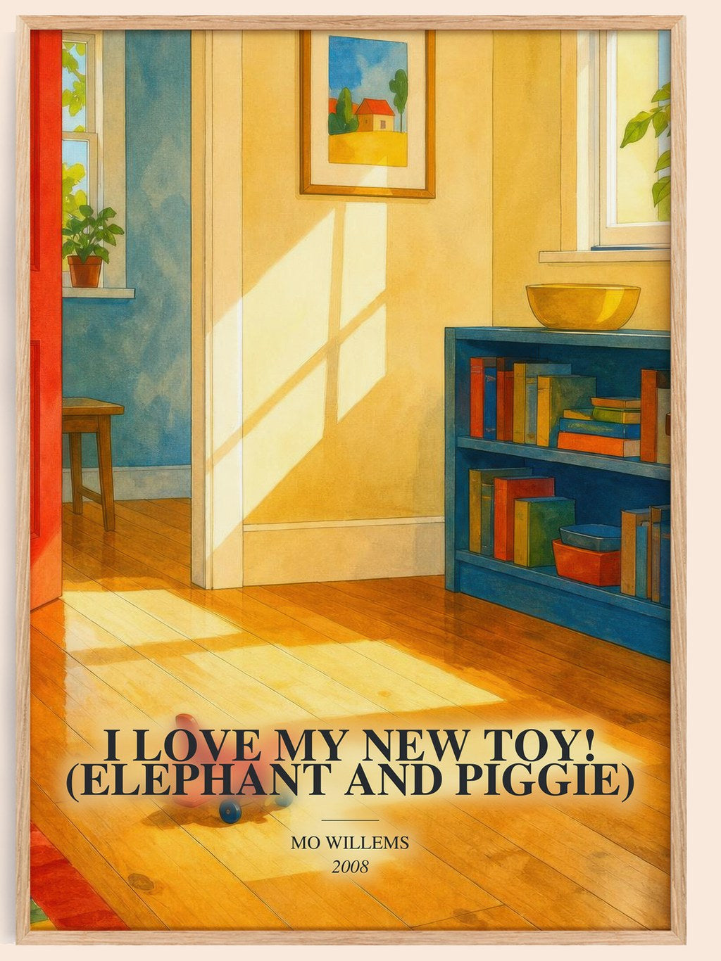 I Love My New Toy! (Elephant and Piggie) watercolour book poster by Mo Willems – framed literary art print