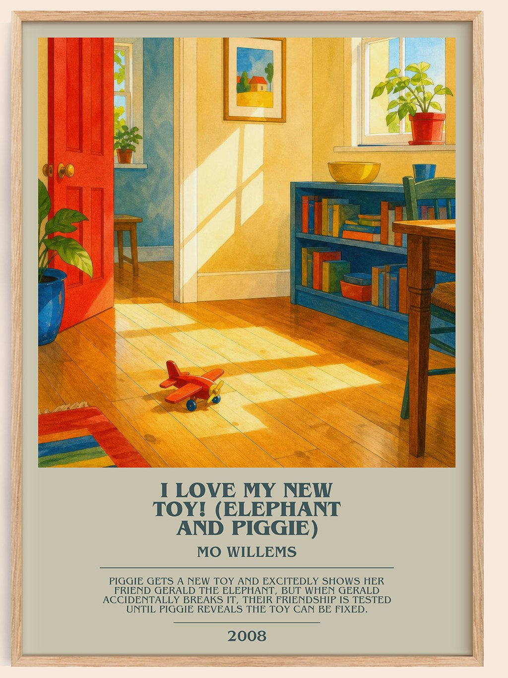 I Love My New Toy! (Elephant and Piggie) bookish book poster by Mo Willems – framed literary art print