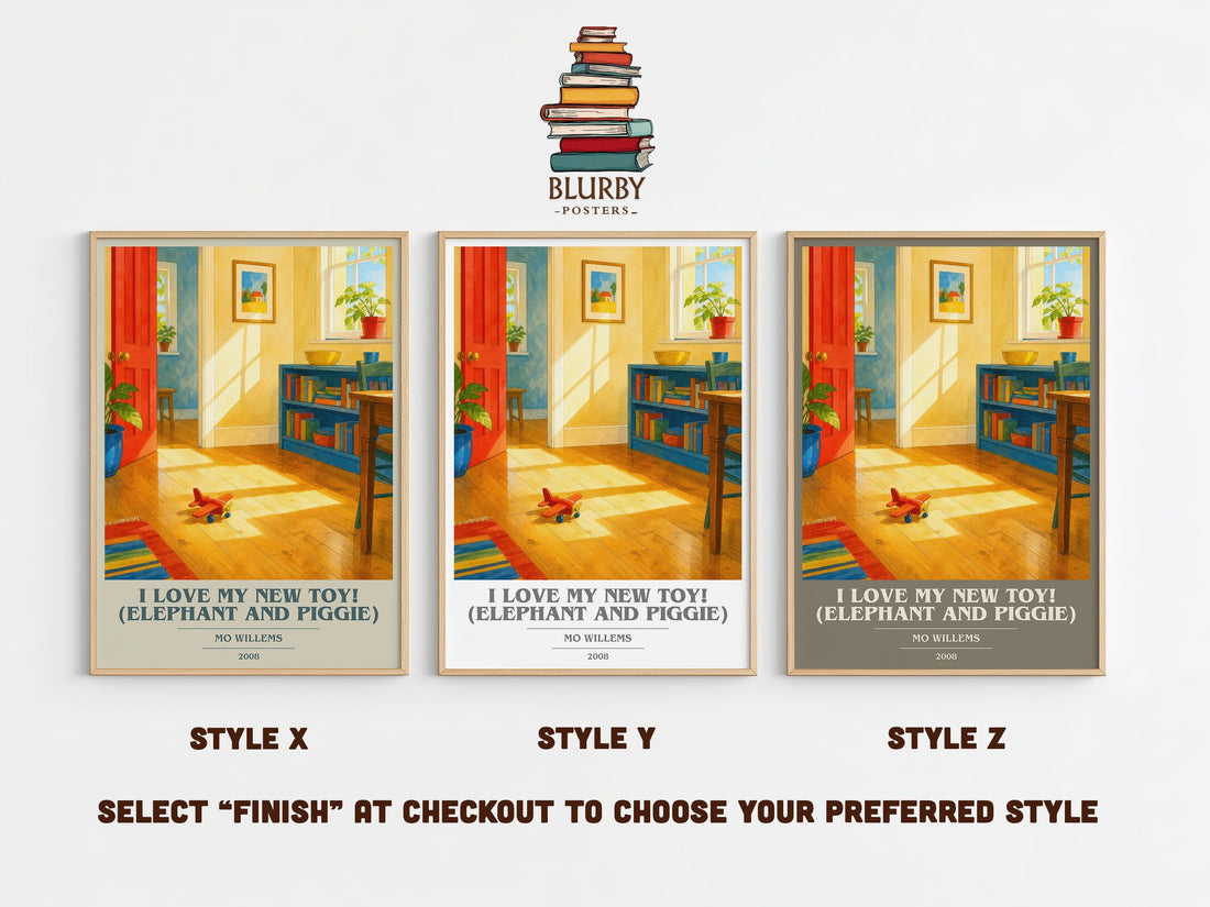 I Love My New Toy! (Elephant and Piggie) book cover print in frame leaning in hallway – childrens wall art (mockup)