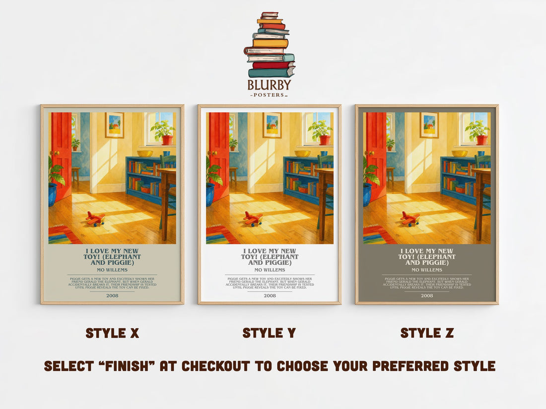 I Love My New Toy! (Elephant and Piggie) bookish print in frame leaning in hallway – childrens wall art (mockup)