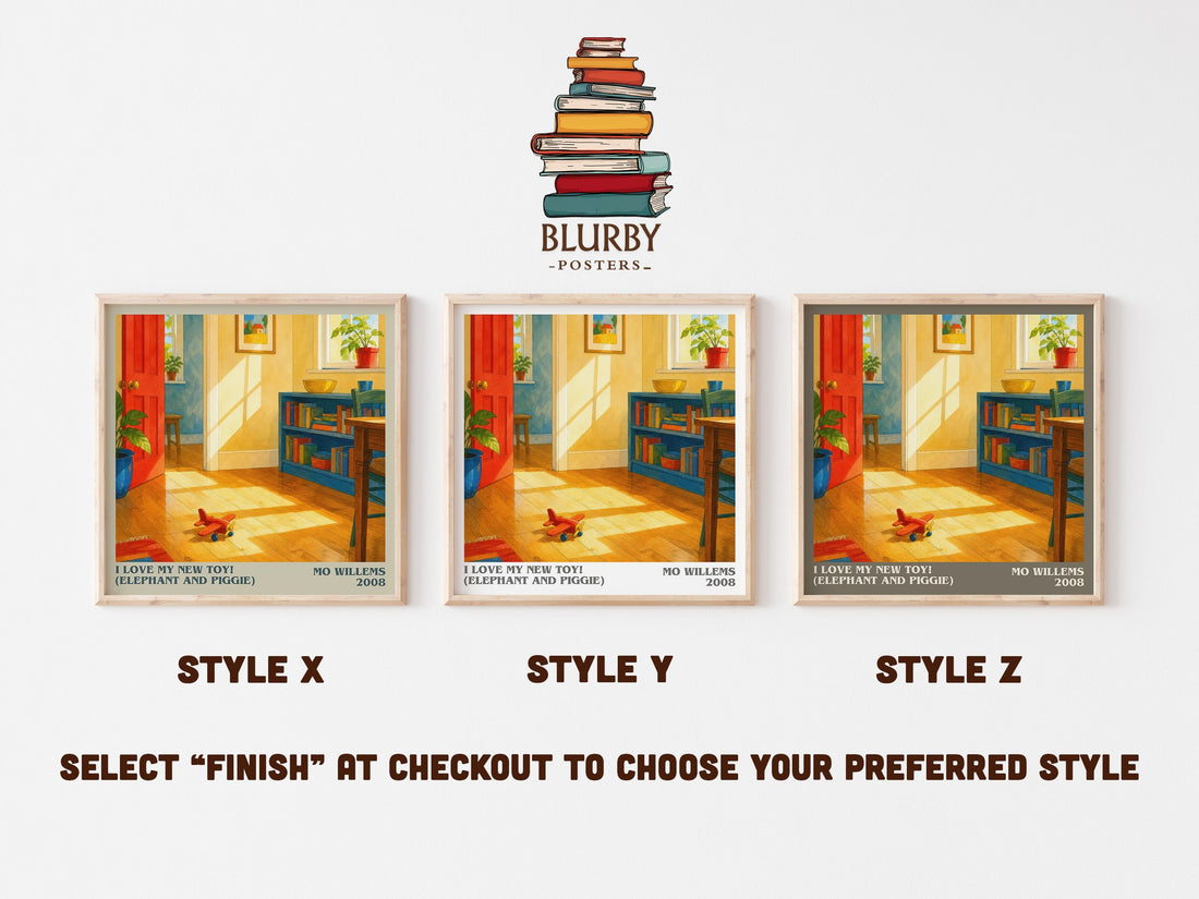 I Love My New Toy! (Elephant and Piggie) literary print in frame leaning in hallway – childrens wall art (mockup)