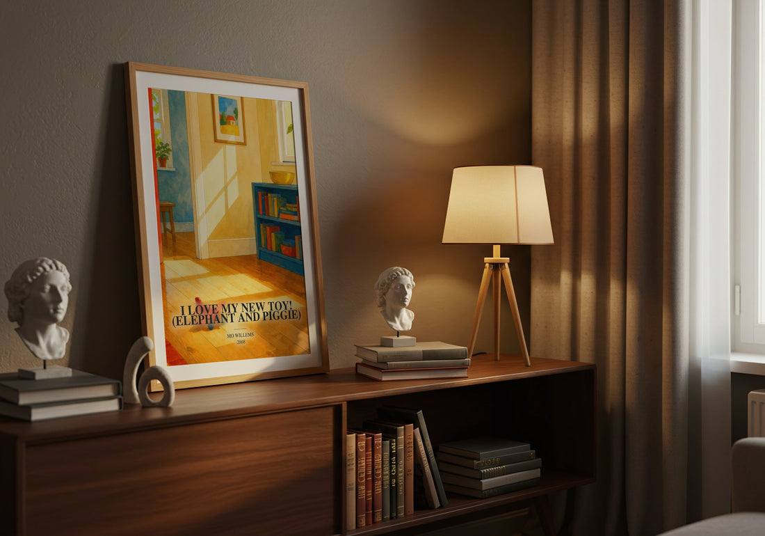 I Love My New Toy! (Elephant and Piggie) watercolour print on bookshelf – Mo Willems fan gift