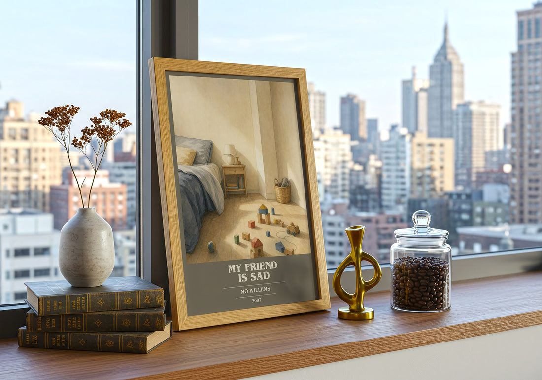 My Friend is Sad book cover print framed by window – literary home decor