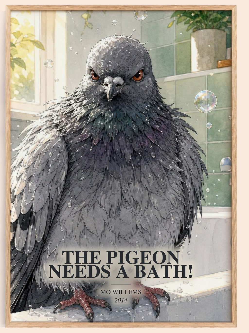 The Pigeon Needs a Bath! watercolour book poster by Mo Willems – framed literary art print
