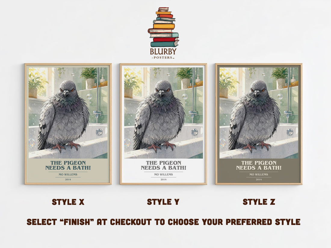 The Pigeon Needs a Bath! book cover print in frame leaning in hallway – childrens wall art (mockup)