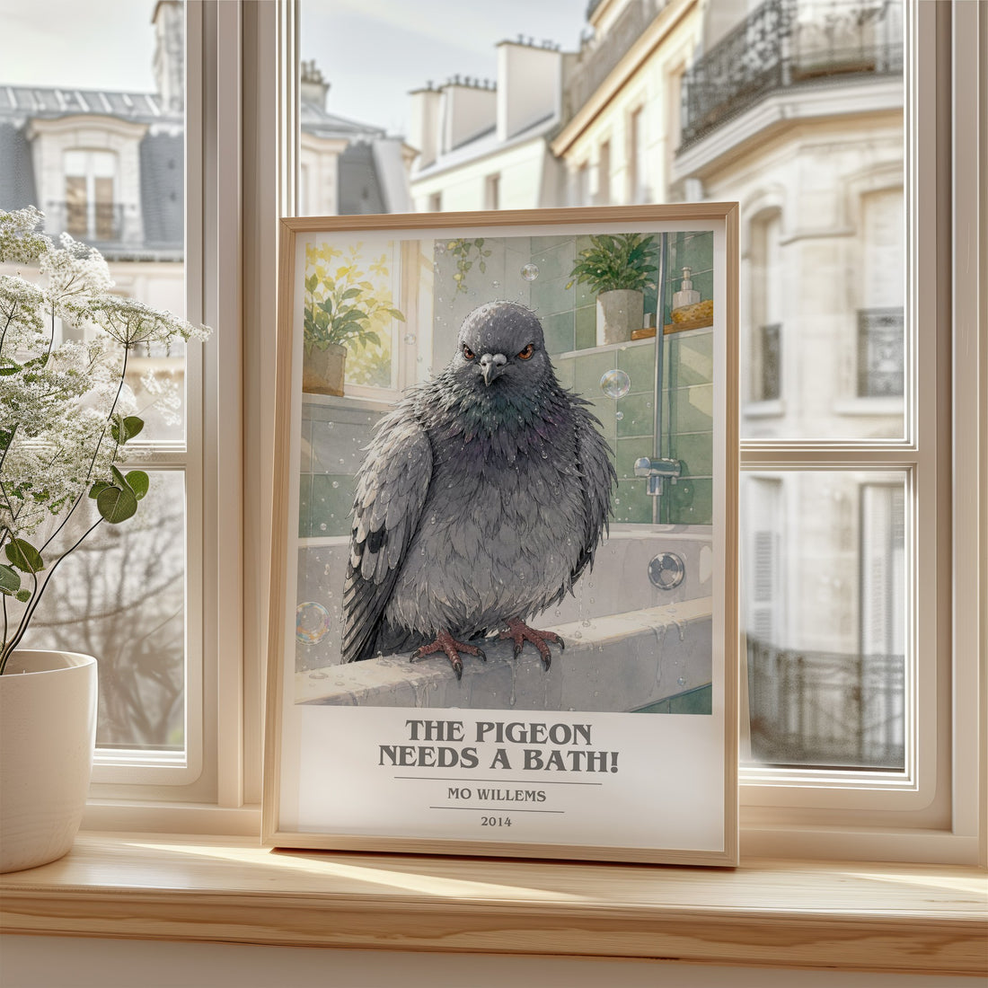 The Pigeon Needs a Bath! book cover poster colour and style options – Mo Willems book art