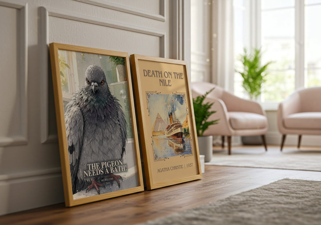 The Pigeon Needs a Bath! watercolour print framed by window – literary home decor