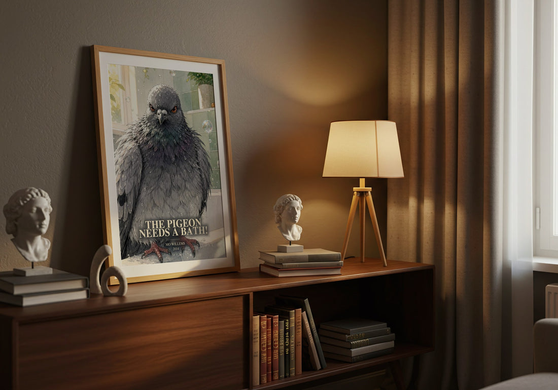 The Pigeon Needs a Bath! watercolour print on bookshelf – Mo Willems fan gift