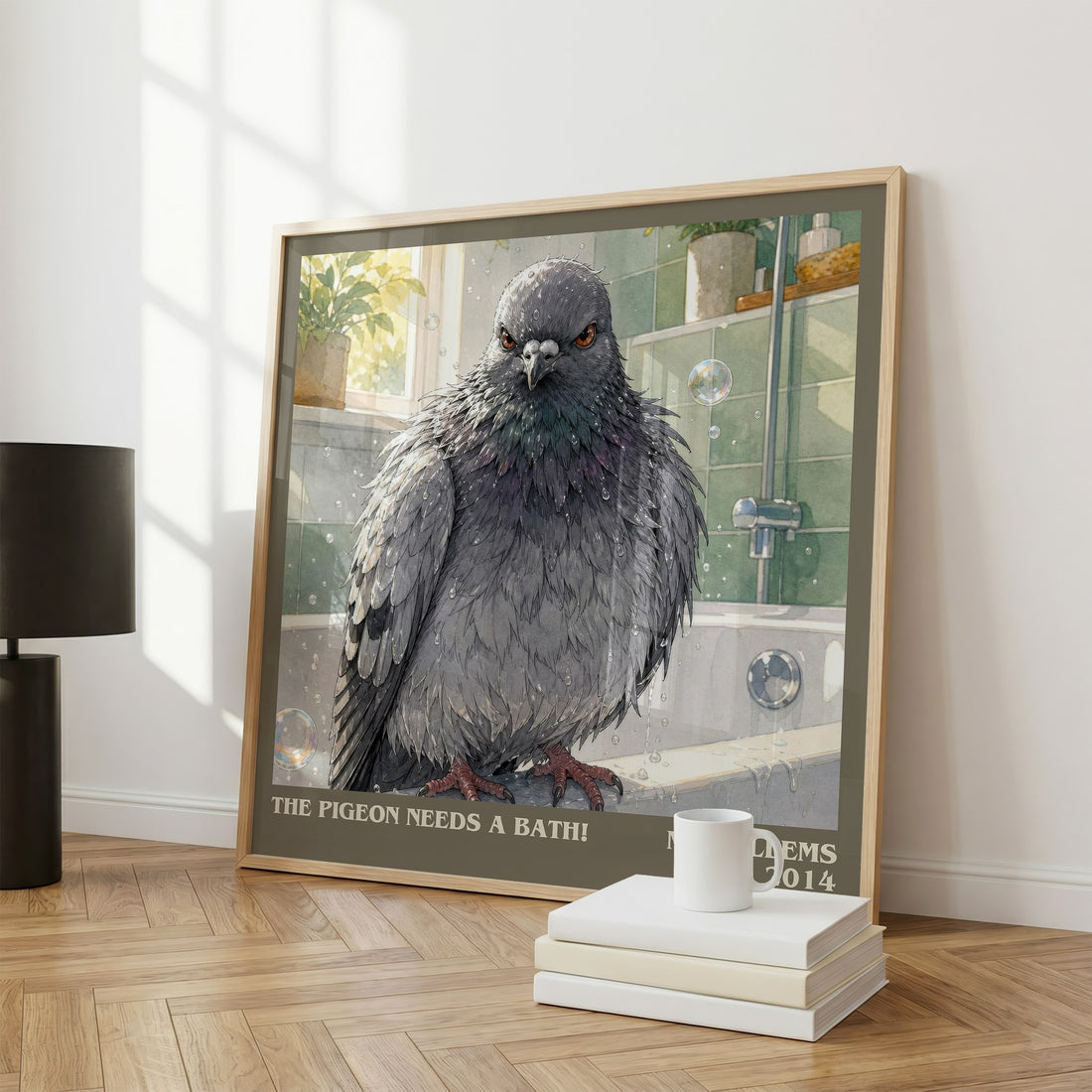 The Pigeon Needs a Bath! literary print framed by window – literary home decor