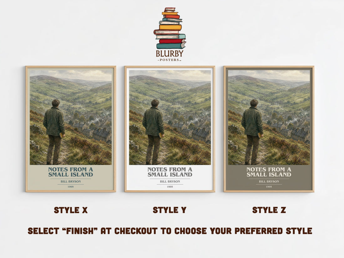 Notes from a small island book cover print in frame leaning in hallway – non fiction wall art (mockup)