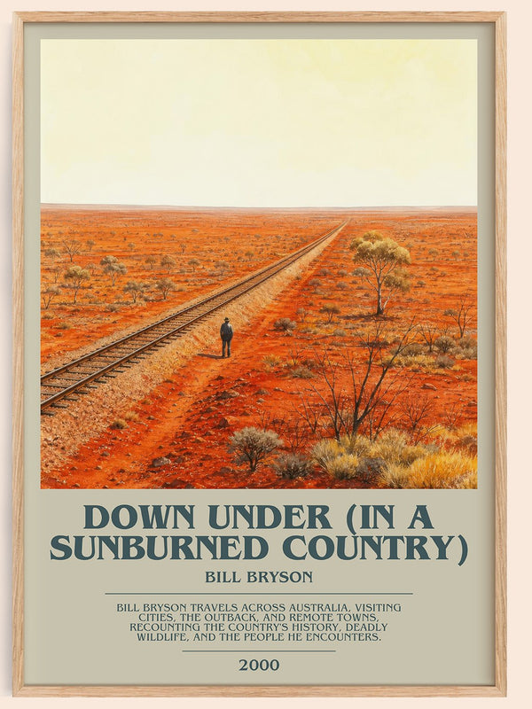 Down Under (In a Sunburned Country) bookish book poster by Bill Bryson – framed literary art print