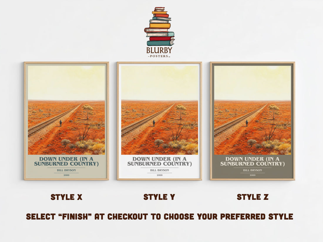 Down Under (In a Sunburned Country) book cover print in frame leaning in hallway – non fiction wall art (mockup)