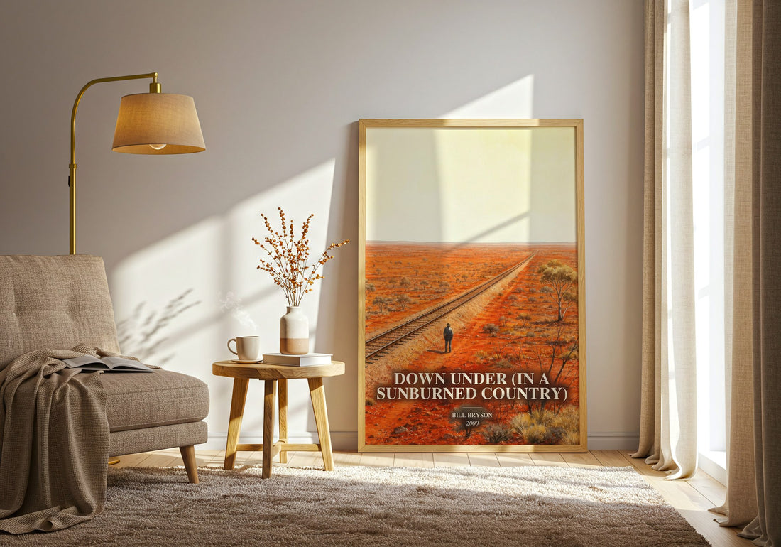 Down Under (In a Sunburned Country) watercolour print in frame leaning in hallway – non fiction wall art