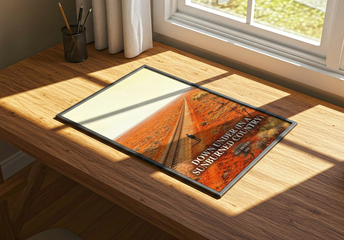 Down Under (In a Sunburned Country) watercolour book poster framed on wall – non fiction wall art