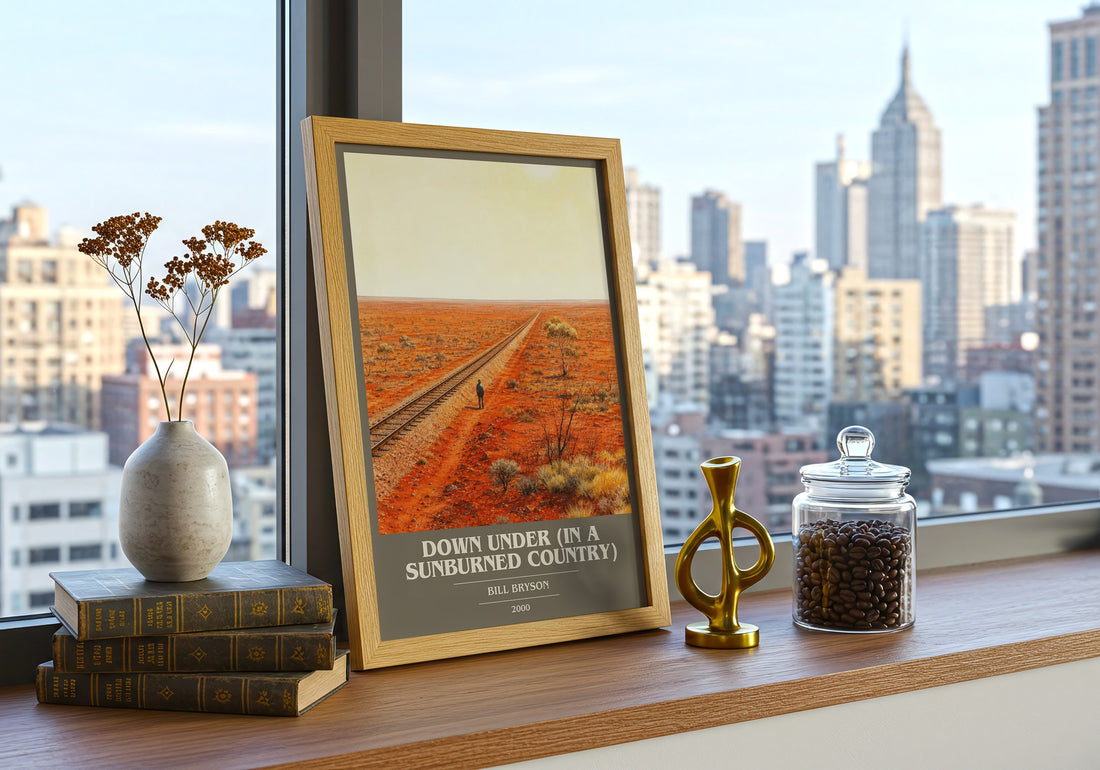 Down Under (In a Sunburned Country) book cover print framed by window – literary home decor