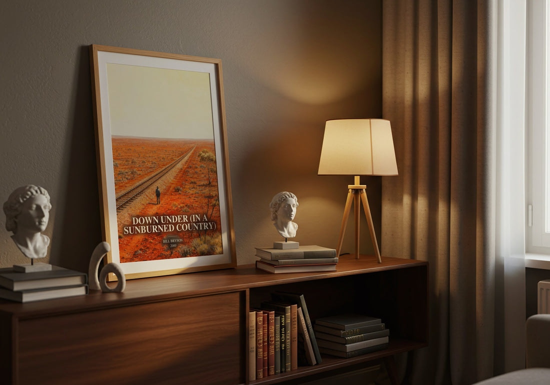 Down Under (In a Sunburned Country) watercolour print on bookshelf – Bill Bryson fan gift