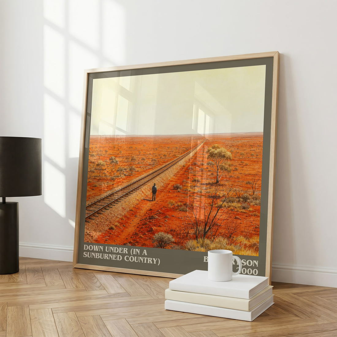 Down Under (In a Sunburned Country) Literary Art Print by Bill Bryson – large square framed print leaning against a wall