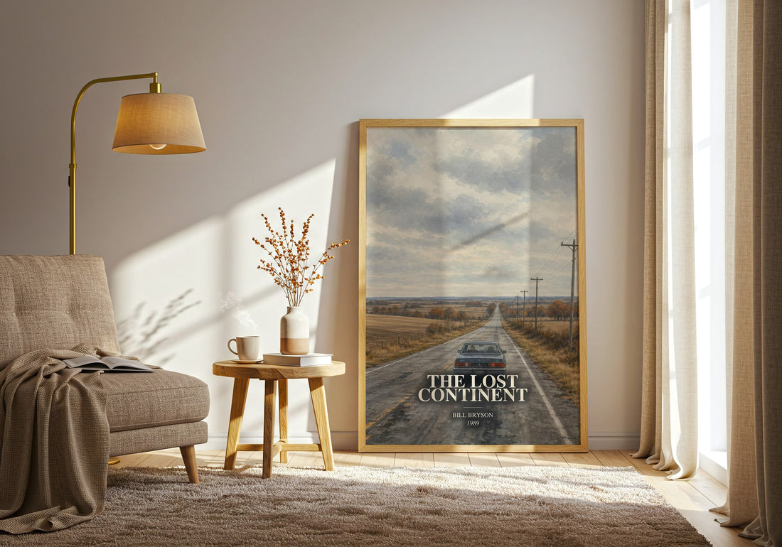 The Lost Continent watercolour print in frame leaning in hallway – non fiction wall art