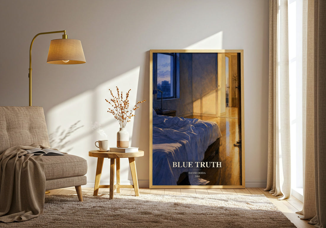 Blue Truth watercolour print in frame leaning in hallway – non fiction wall art