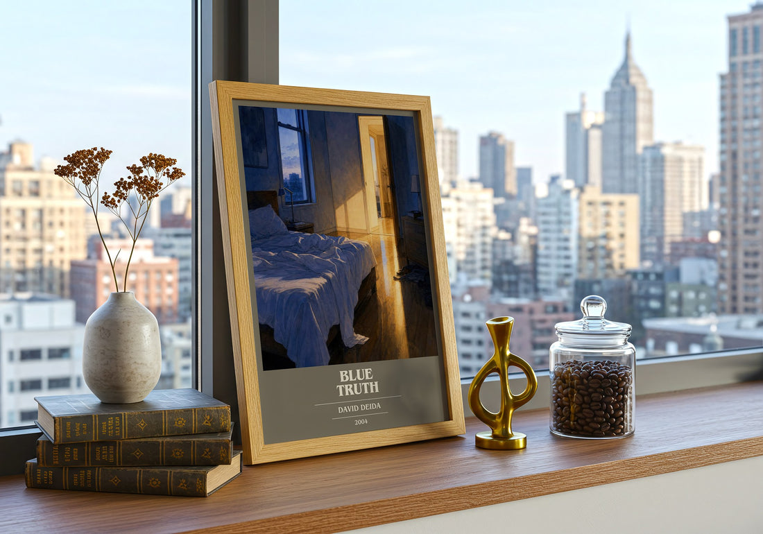 Blue Truth book cover print framed by window – literary home decor