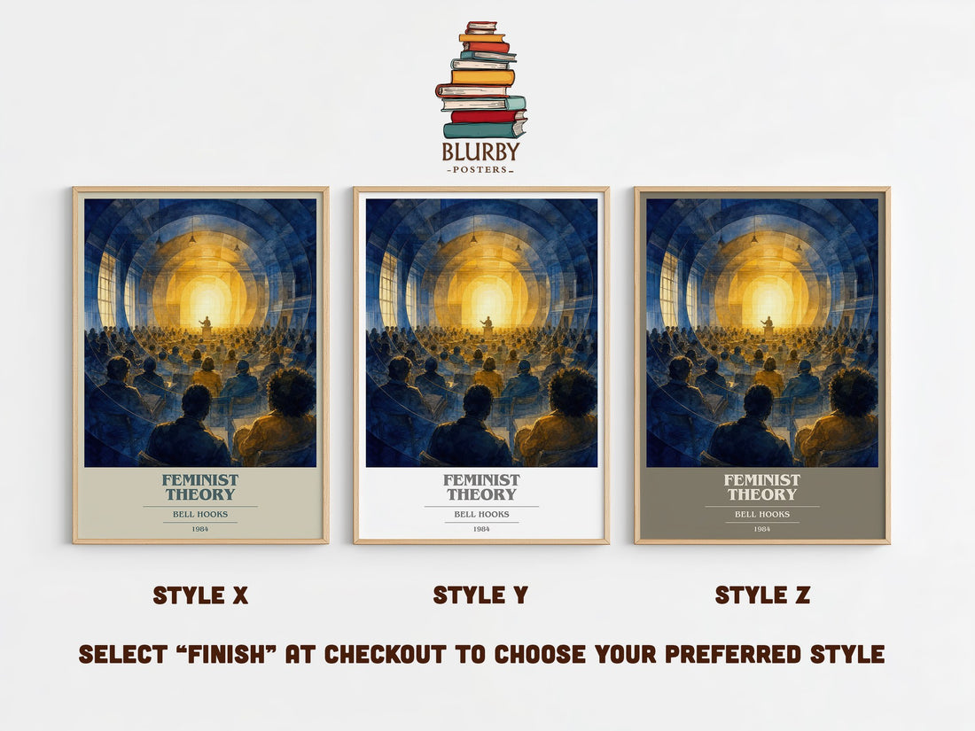 Feminist theory book cover print in frame leaning in hallway – non fiction wall art (mockup)