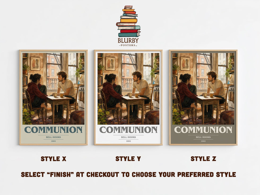Communion book cover print in frame leaning in hallway – non fiction wall art (mockup)