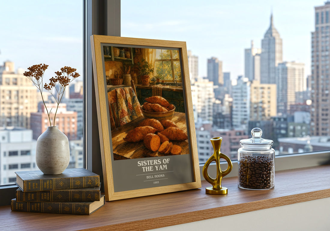 Sisters of the Yam book cover print framed by window – literary home decor