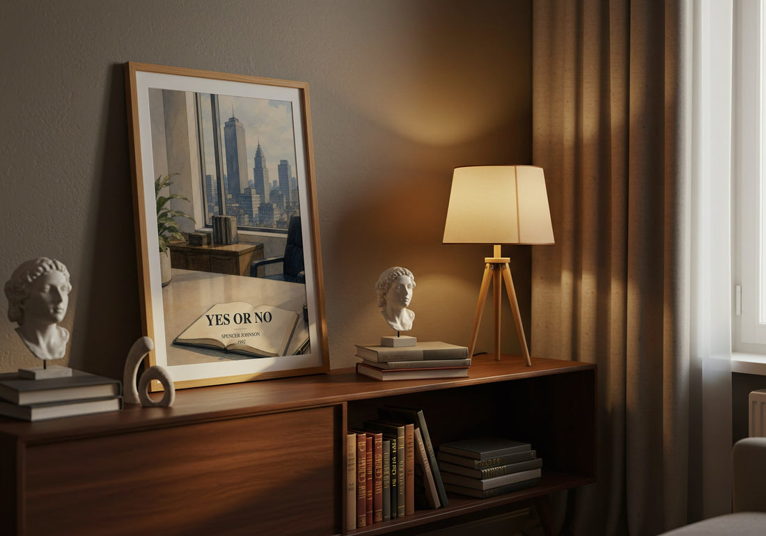 Yes or No watercolour print on bookshelf – Spencer Johnson fan gift