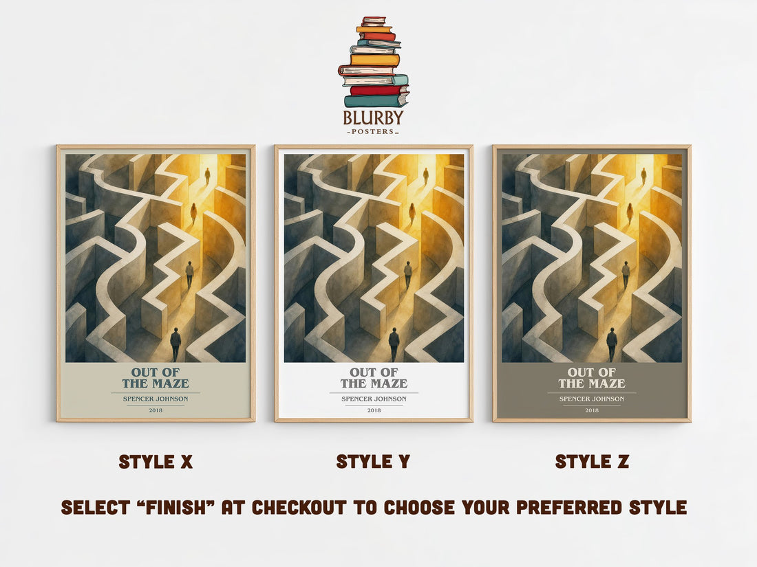Out of the maze book cover print in frame leaning in hallway – non fiction wall art (mockup)