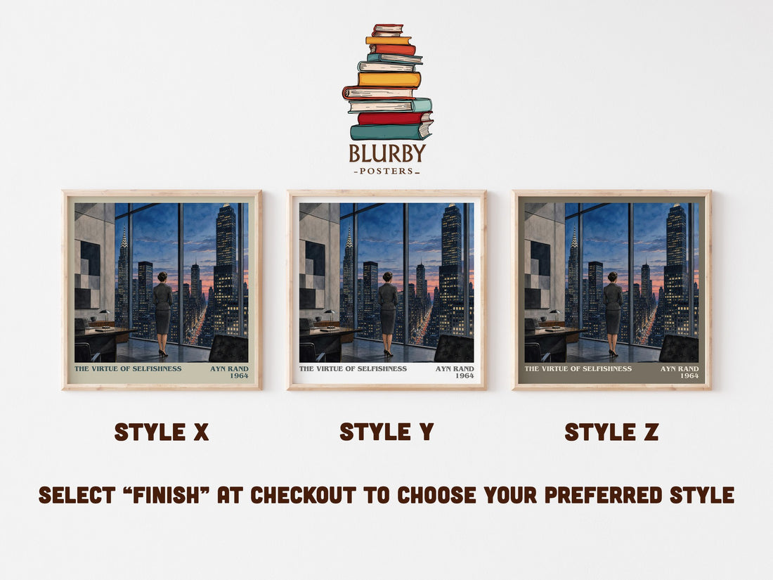 The Virtue of Selfishness literary print in frame leaning in hallway – philosophy wall art (mockup)
