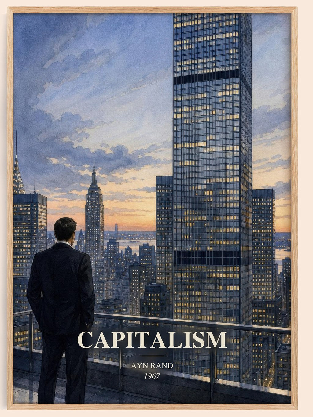 Capitalism watercolour book poster by Ayn Rand – framed literary art print