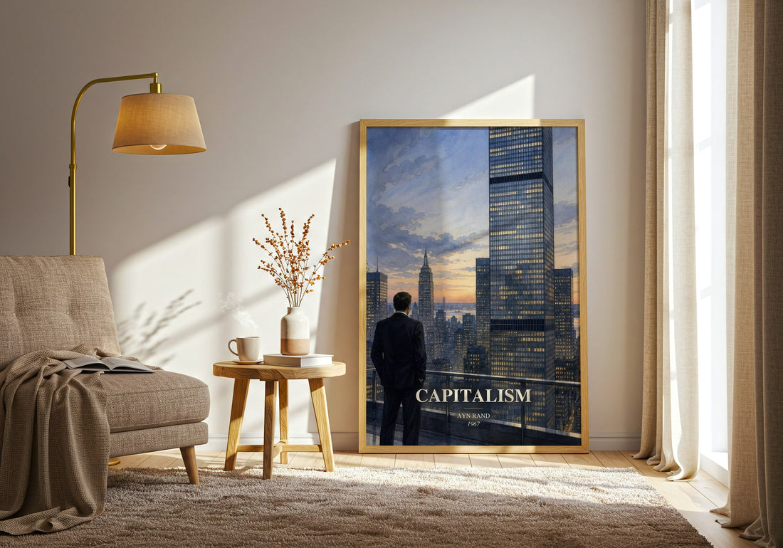 Capitalism watercolour print in frame leaning in hallway – philosophy wall art