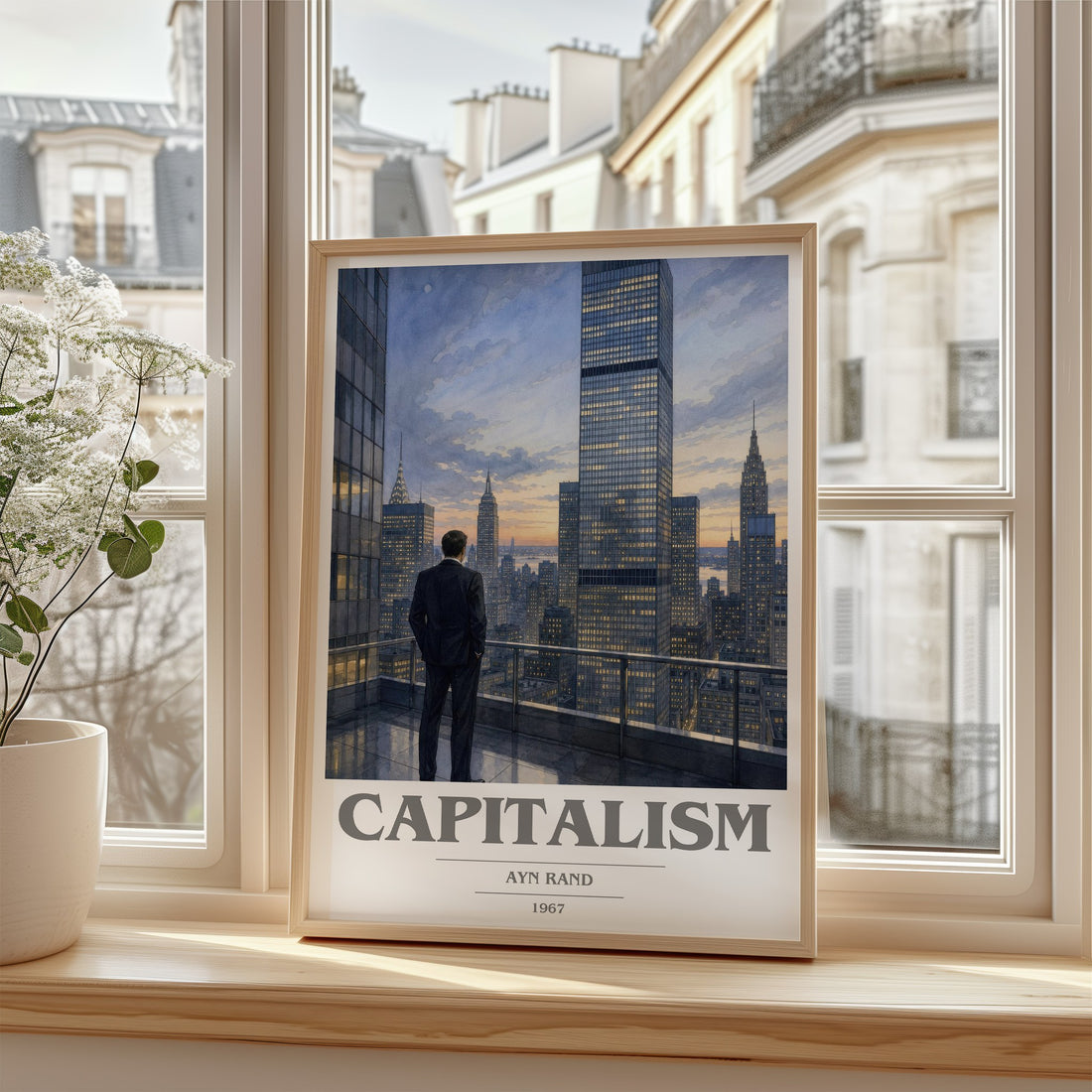 Capitalism Book Cover Poster by Ayn Rand – framed print by a bright window
