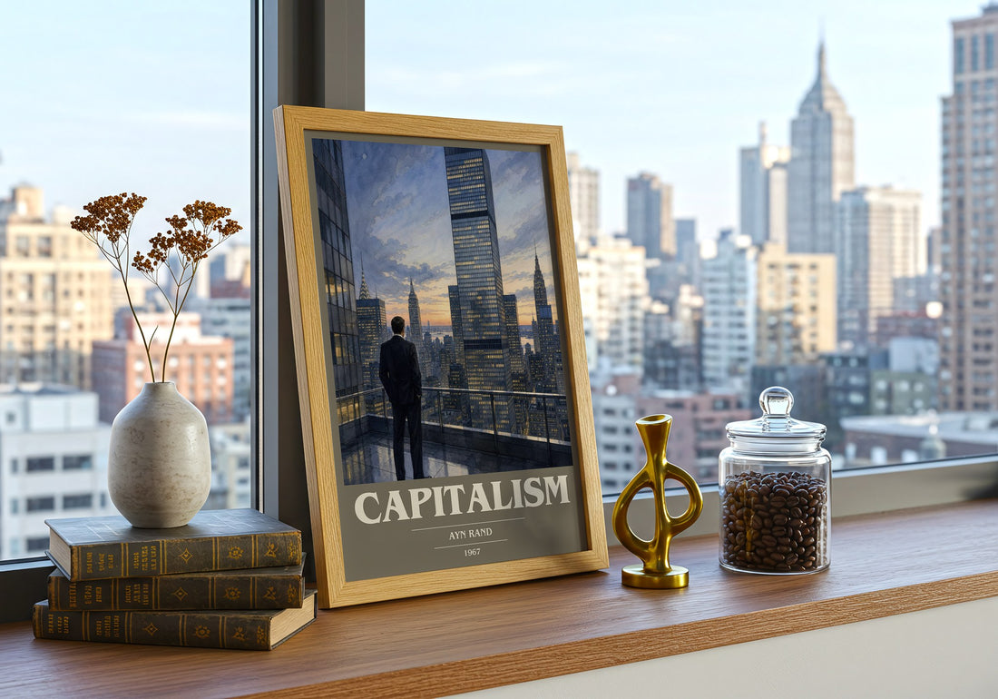 Capitalism Book Cover Poster by Ayn Rand – framed print on a city-view windowsill