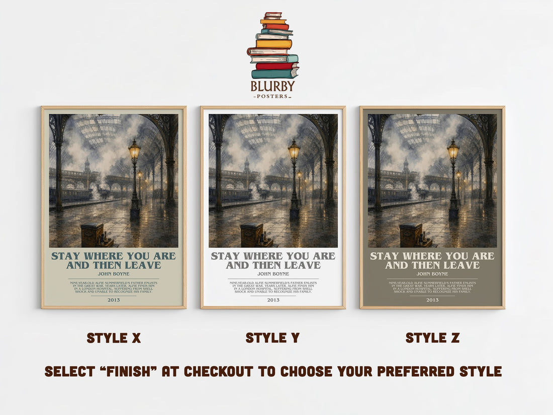 Stay Where You are and Then Leave bookish print in frame leaning in hallway – historical fiction wall art (mockup)