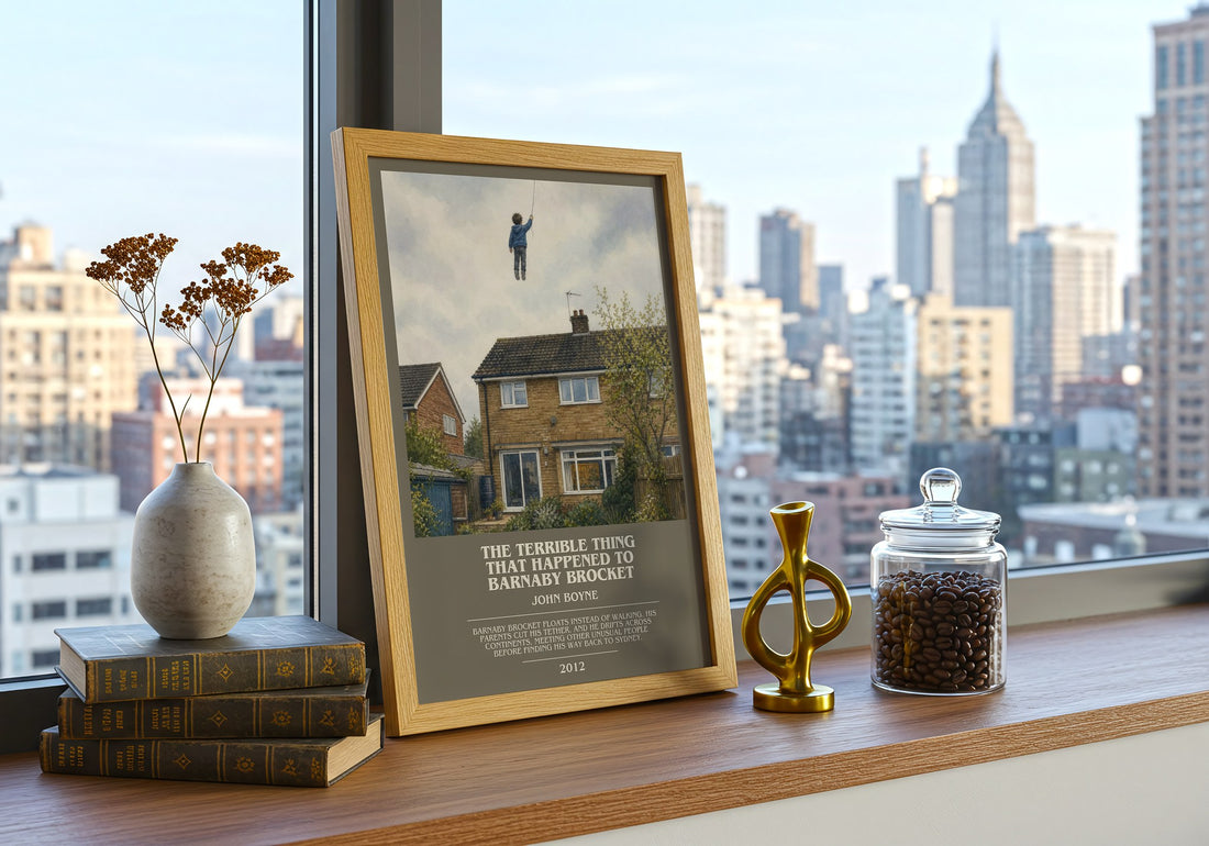 The Terrible Thing That Happened to Barnaby Brocket bookish print framed by window – literary home decor