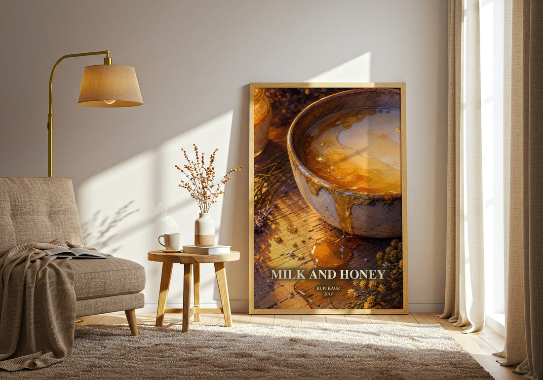 Milk and Honey watercolour print in frame leaning in hallway – poetry wall art
