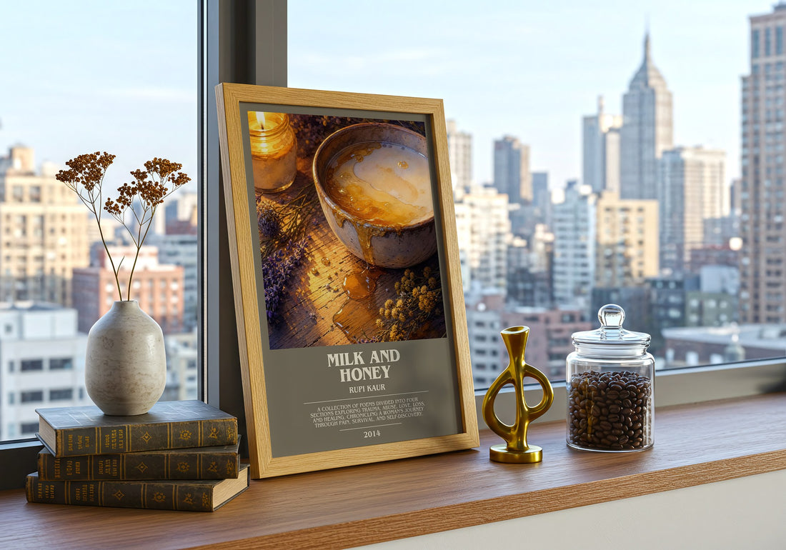 Milk and Honey bookish print framed by window – literary home decor
