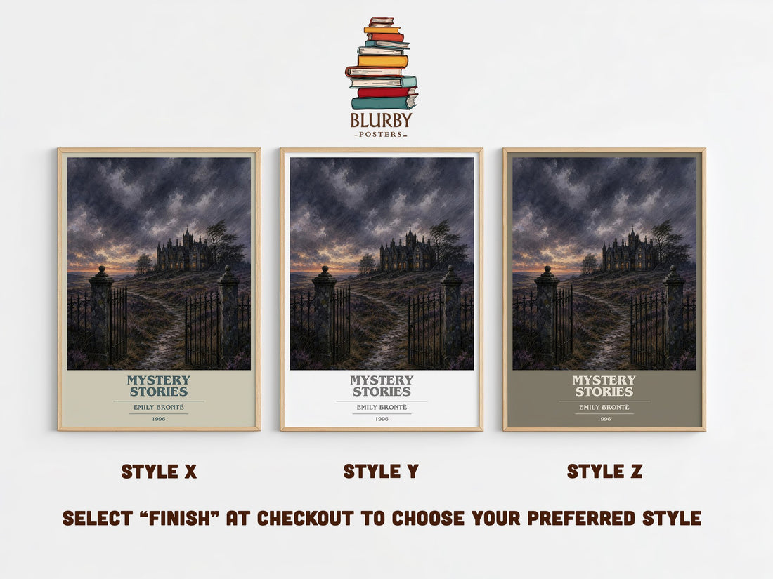 Mystery Stories book cover print in frame leaning in hallway – gothic wall art (mockup)