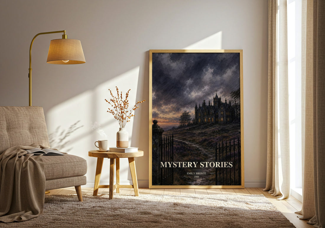 Mystery Stories watercolour print in frame leaning in hallway – gothic wall art