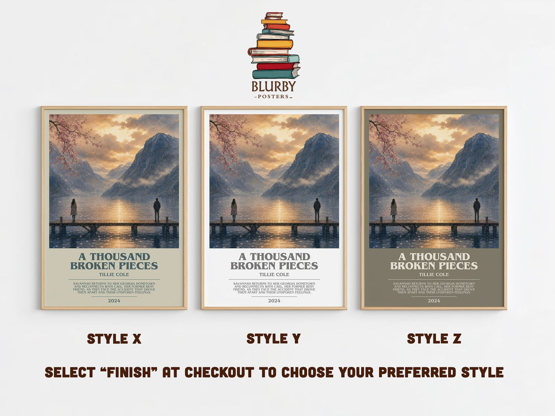 A Thousand Broken Pieces bookish print in frame leaning in hallway – romance wall art (mockup)