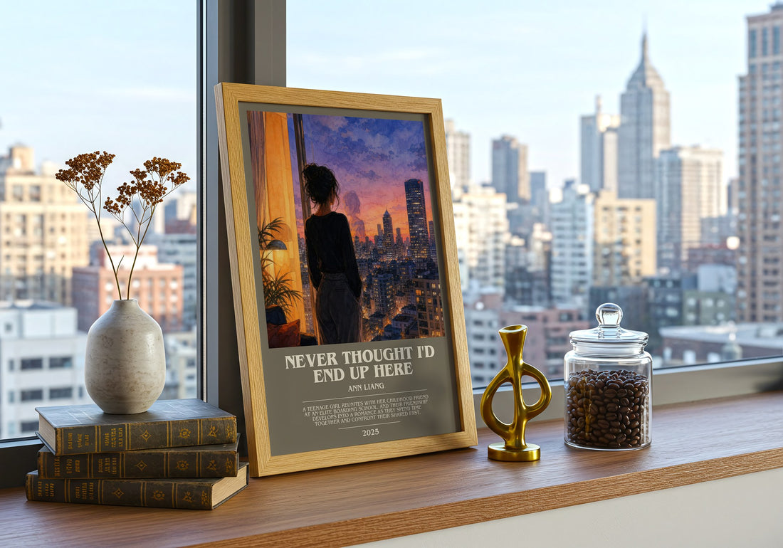 Never Thought I'd End Up Here bookish print framed by window – literary home decor