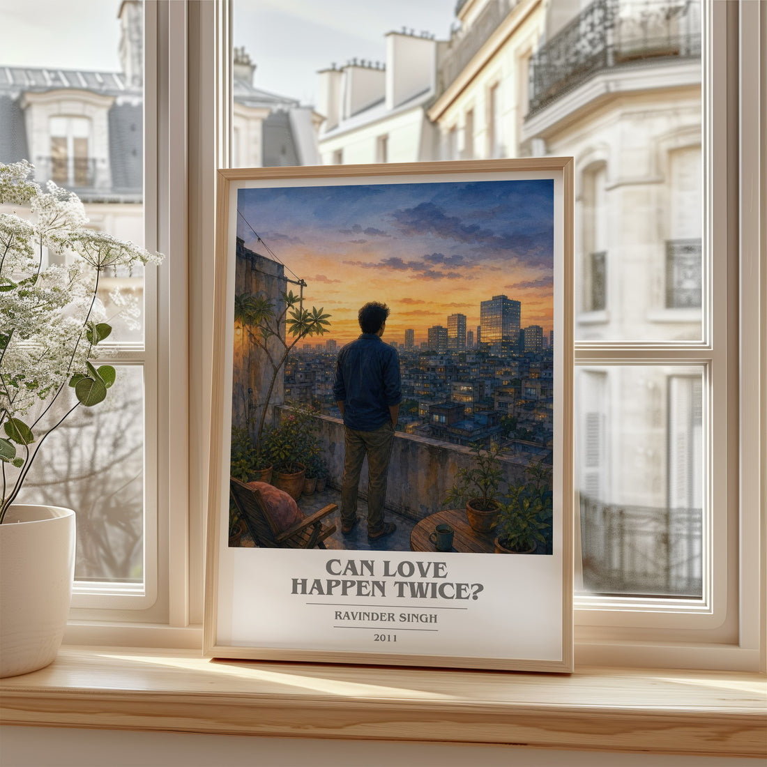 Can love happen twice? Book Cover Poster by Ravinder Singh – framed print by a bright window