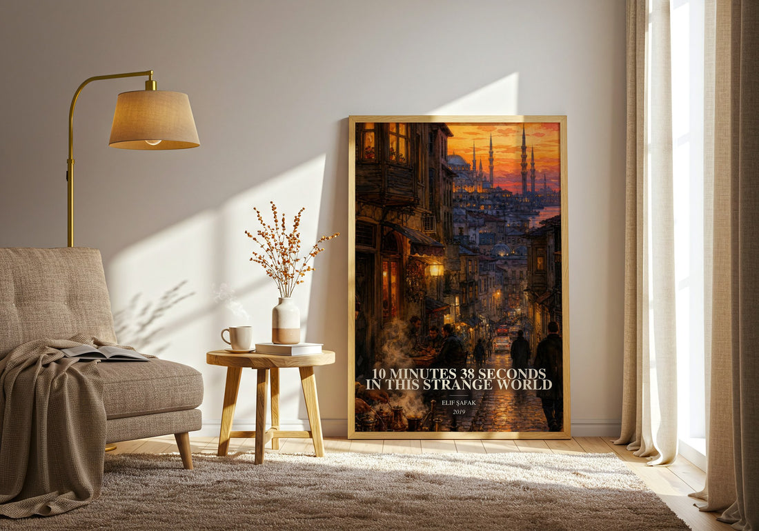 10 Minutes 38 Seconds in This Strange World watercolour print in frame leaning in hallway – contemporary fiction wall art