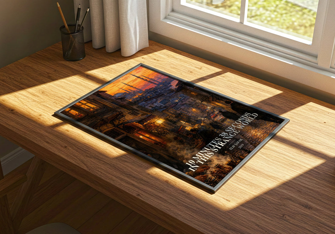 10 Minutes 38 Seconds in This Strange World watercolour book poster framed on wall – contemporary fiction wall art