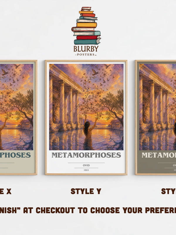 Metamorphoses book cover print in frame leaning in hallway – classic literature wall art