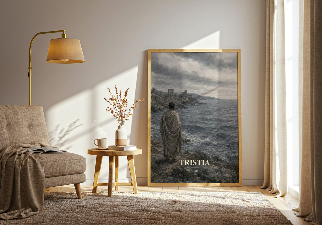 Tristia watercolour print in frame leaning in hallway – poetry wall art