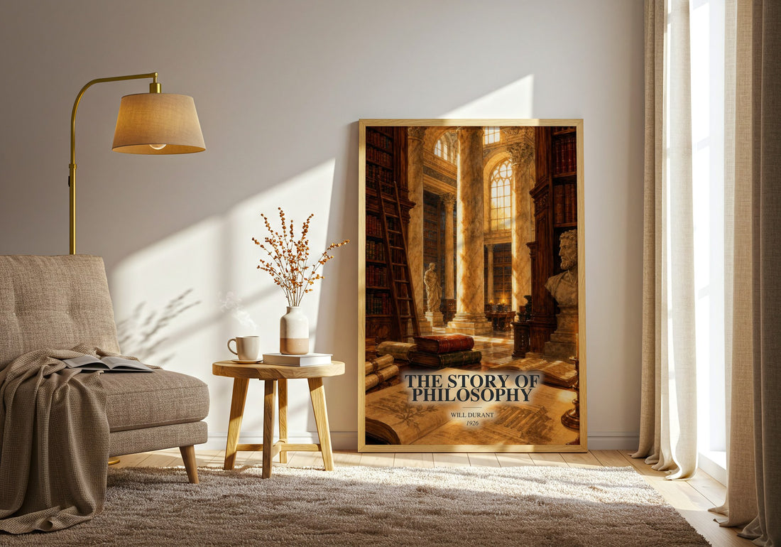The Story of Philosophy watercolour print in frame leaning in hallway – philosophy wall art